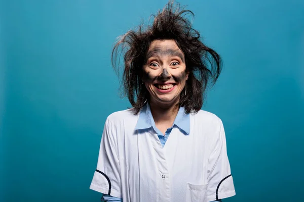 Portrait Crazy Chemist Dirty Face Messy Hair Grinning Dreadful Camera — Stockfoto