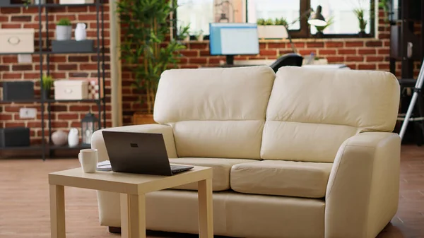 Interior Modern Cozy Apartment Living Room Comfortable Sofa Laptop Coffee — Photo