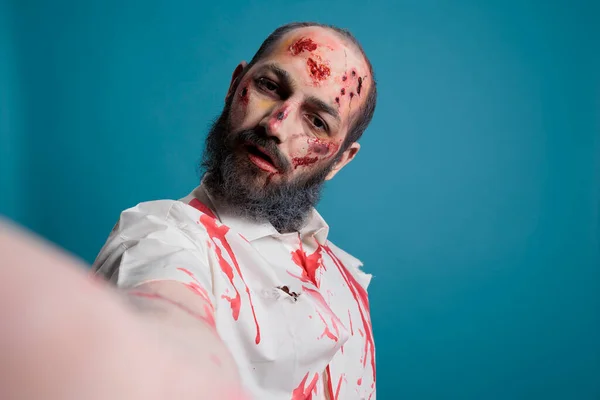 Undead Zombie Holding Camera Take Photo Looking Creepy Dangerous Blue — Stockfoto