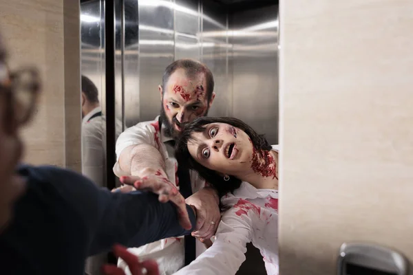 African American Man Running Zombies Trying Escape Elevator Terrifying Scary — Photo