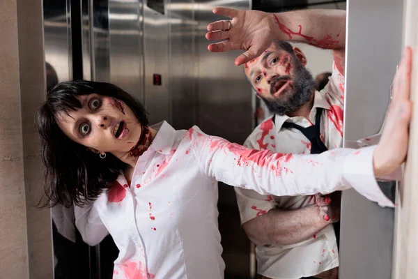 Portrait Zombies Couple Office Elevator Escaping Chase People Looking Scary — Stockfoto