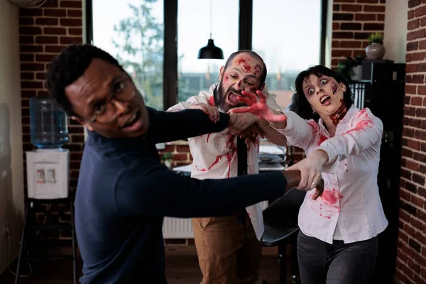 Cruel Spooky Zombies Chasing Businessman Frightened Person Running Brain Eating — Stok fotoğraf