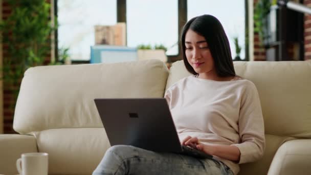 Smiling Office Worker Home Working Remotely Laptop While Sitting Sofa — Stok video