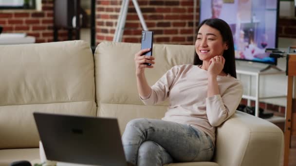 Smiling Heartily Woman Taking Selfie Photos Smartphone While Working Remotely — Video Stock