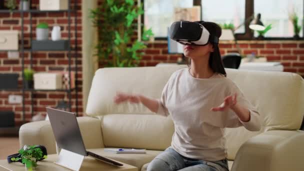 Playful Woman Wearing Virtual Reality Headset Scrolling Metaverse Cyberspace While — Vídeo de Stock
