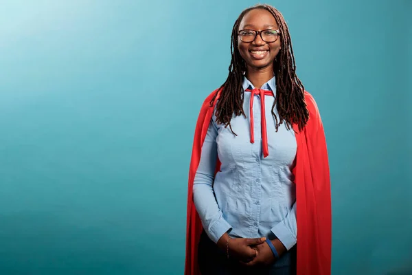 Positive Smiling Heartily Mighty Brave Justice Defender Standing Blue Background — Stock Photo, Image