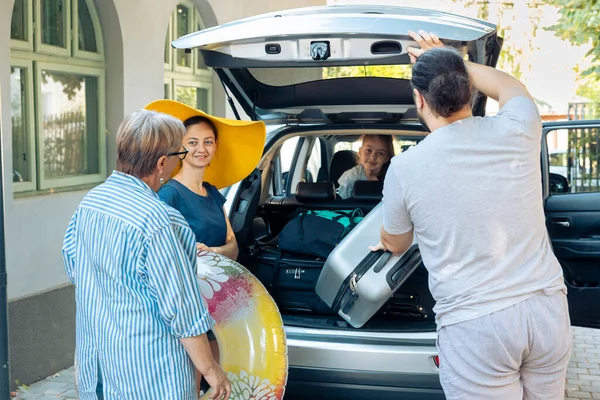 Smiling People Travelling Automobile Vacation Leaving Summer Holiday Big Family — Stok fotoğraf