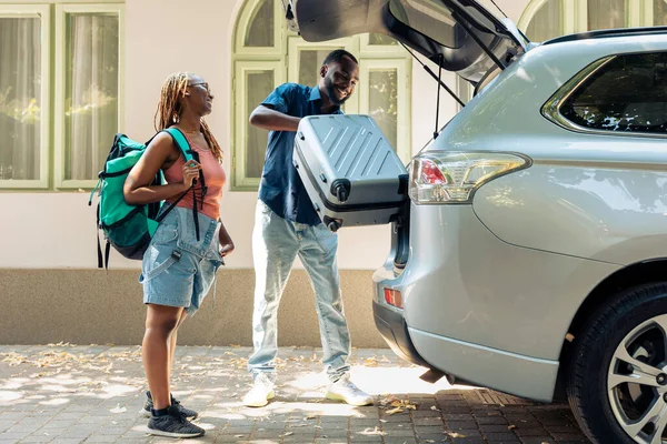 African American Partners Travelling Vehicle Putting Luggage Baggage Trunk Leave — Stok fotoğraf