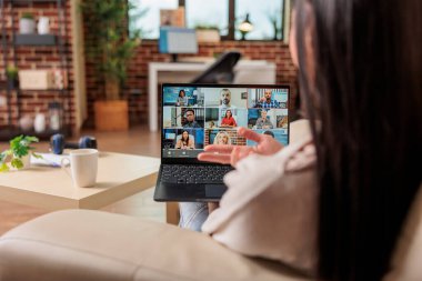 Woman on online video call communication. asian woman home phone video mobile call internet technology communication online people lifestyle happy video call computer chat app