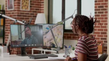 Office employee attending business videocall meeting with colleague on computer with webcam. Female freelancer talking on online videoconference call, virtual teleconference on internet network.