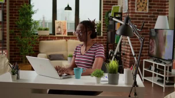 Company Employee Browsing Internet Remote Work Laptop Using Computer Take — Vídeos de Stock