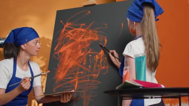 Mother Child Using Watercolor Paint Canvas Easel Painting Art Masterpiece — Video