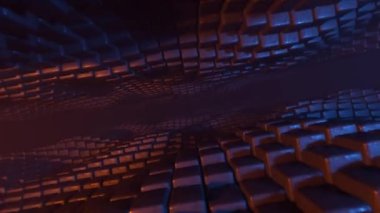 Wavy loopable tunnel with infinite square dimension, purple and green glowing lights illustration. Colorful scifi portal waves with artificial intelligence endless loop effect. 3d render animation.