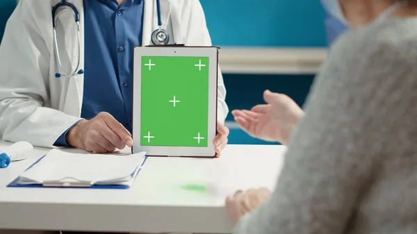 Medical Specialist Holding Digital Tablet Greenscreen Consultation Appointment Cabinet Blank — Photo