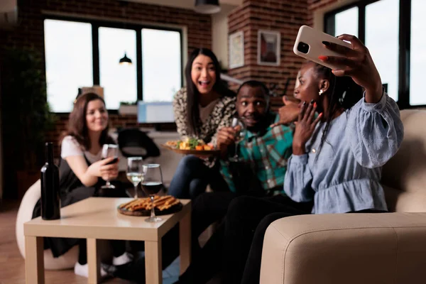 Happy Smiling Adults Home Enjoying Time Together While Drinking Wine — 图库照片