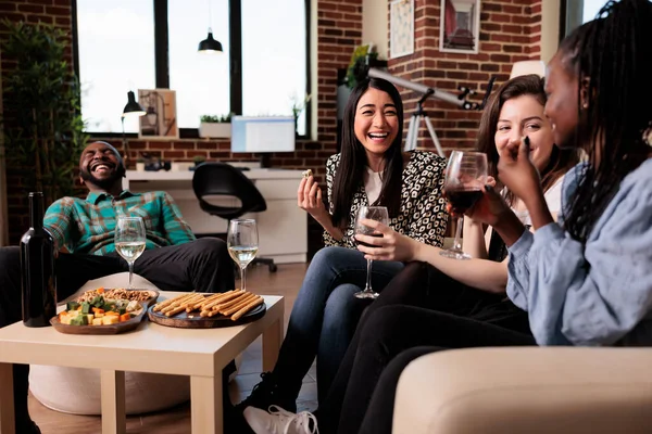 Close Friends Having Wine Party Laughing Mouth Wide Open While — Fotografia de Stock