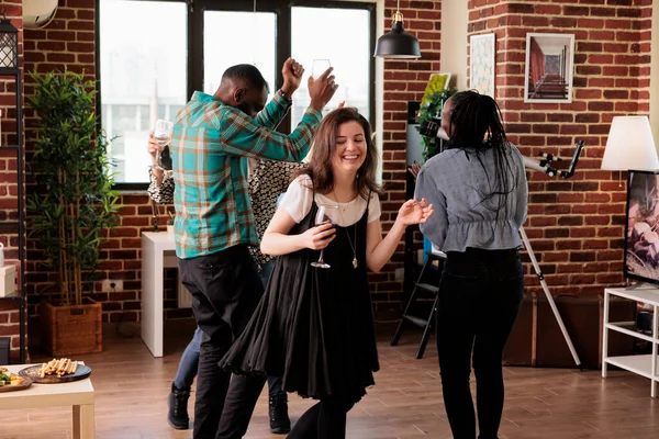 Multiethnic Group Closed Friends Dancing Together Living Room Wine Party — Stockfoto