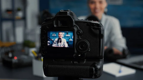 Professional Camera Recording Social Media Influencer Daily Vlog While Talking — Foto de Stock