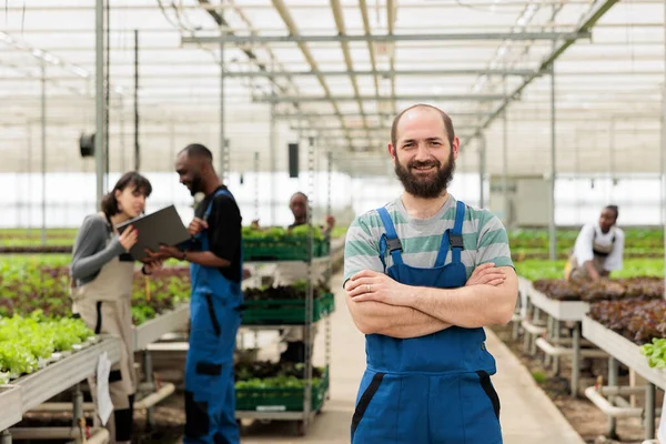 Portrait Smiling Man Greenhouse Hydroponics Enviroment Engineers Using Laptop Controlling — Foto de Stock