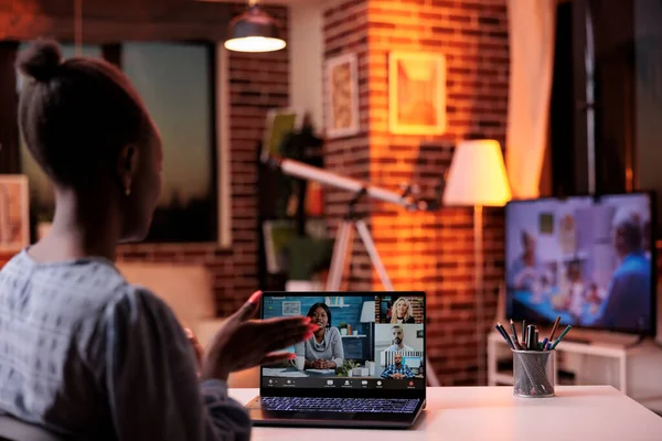 Online Meeting Remote Team Coworkers Brainstorming Teleconference Businesswoman Chatting Colleagues — Stock fotografie