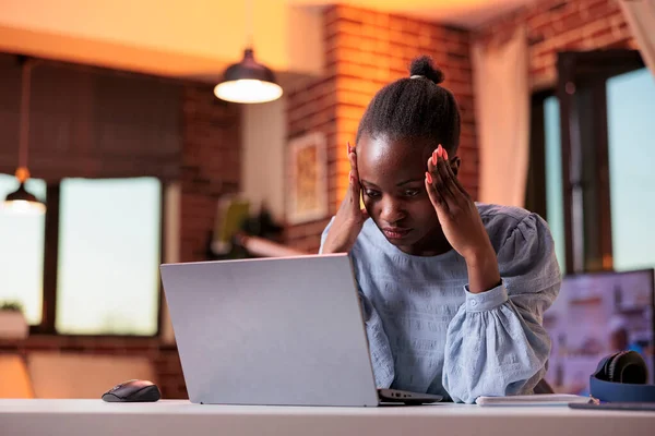 Exhausted Young Female Freelancer Sitting Laptop Burnout Workload Work Tired — Stock Fotó