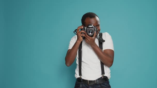 Portrait Male Photographer Taking Pictures Professional Camera Using Photography Equipment — Video