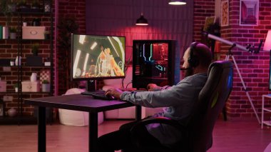 Man playing online first person shooter angry after losing online competition on gaming pc at home. Streamer unhappy and disappointed after failing level in action game tournament challenge.