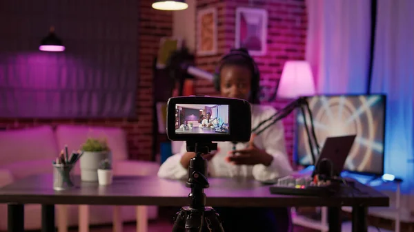 Selective Focus Digital Video Camera Screen Recording African American Vlogger — Photo