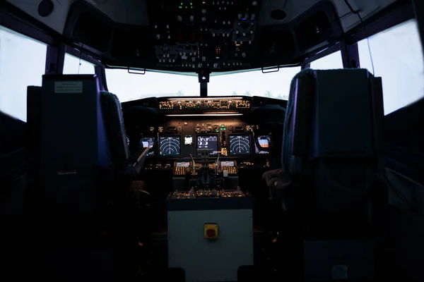 Empty Aircraft Cabin Control Panel Buttons Lever Command Used Captain — Stock Photo, Image