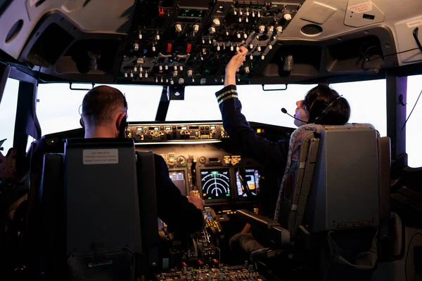 Captain Female Copilot Getting Ready Fly Plane Takeoff Dashboard Navigation — Fotografia de Stock