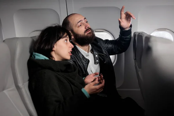 Couple Tourists Waiting Flight Takeoff Airplane Being Seated Economy Class — Stock Fotó