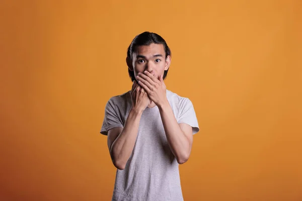 Young Man Covering Mouth Hands Speak Evil Three Wise Monkeys — Stockfoto