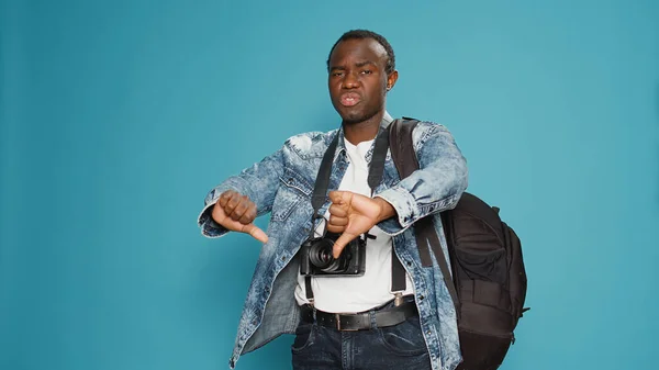 African American Man Doing Thumbs Sign Taking Pictures Dslr Camera — Stock Fotó