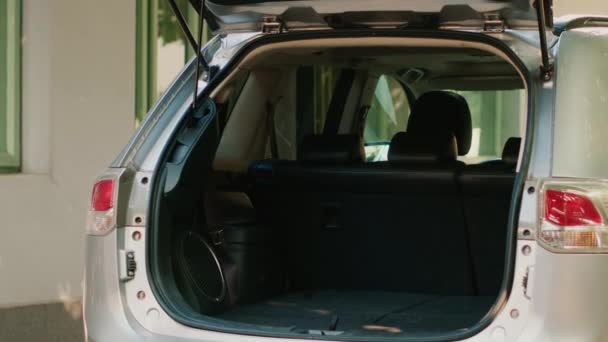 Positive Mother Daughter Loading Voyage Luggage Vehicle Trunk While Going — Stockvideo