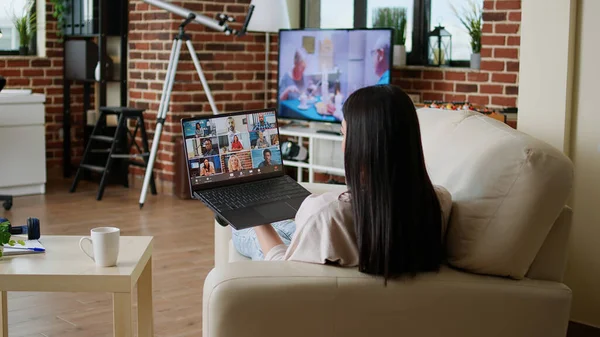 Woman Working Remotely Home While Online Meeting Videocall Laptop Sitting — Fotografia de Stock
