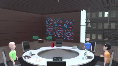Metaverse conference room with avatars talking to each other about new business perspective. 3D render animation scene futuristic reality future concert office business meeting in cyberspace. Internet