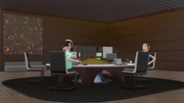 Metaverse online conference video call, avatars talking with real human on scree. 3D render animation future meta human concept virtual reality meeting internet chat online videoconference remote chat