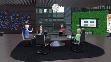 Metaverse online business meeting with real human hologram next to avatars. 3D render animation futuristic universe virtual reality digital technology videoconference internet meeting cyberspace