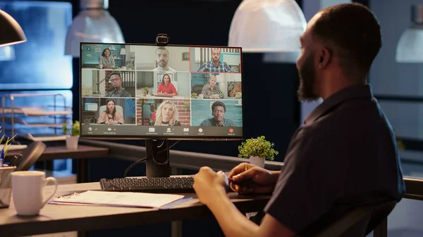 Business Man Meeting People Videocall Conference Talking Remote Videoconference Chat — Foto de Stock