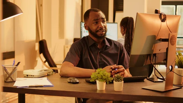 African American Man Talking Online Videoconference Call Using Computer Webcam —  Fotos de Stock
