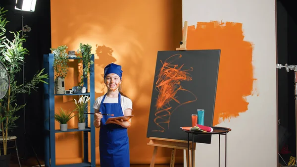 Portrait Small Child Painting Artwork Design Canvas Using Artistic Aquarelle — Fotografia de Stock