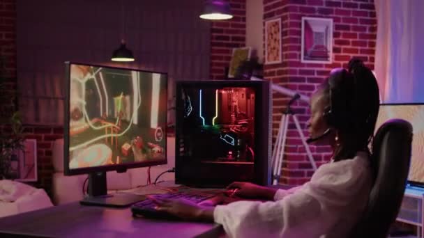 African American Gamer Girl Using Gaming Setup Having Good Time — Stockvideo