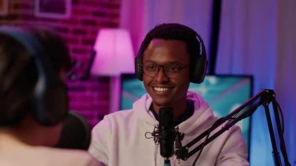 Portrait Smiling African American Online Radio Host Listening Interesting Conversation — Stock Video