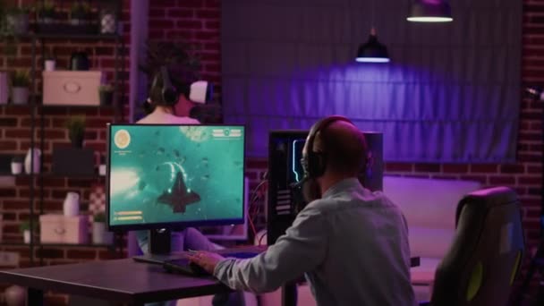 Gamer Playing Multiplayer Space Shooter While Gaming Girl Fighting Virtual — Vídeos de Stock