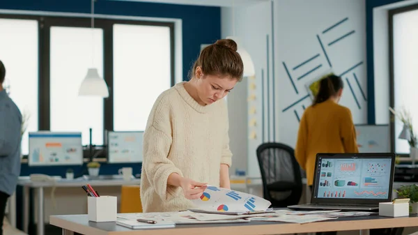 Busy Woman Startup Office Holding Clipboard Looking Papers Sales Charts — Stok fotoğraf