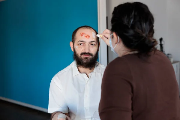 Makeup Artist Transforming Man Zombie Special Effects Blood Scary Dramatic — Photo