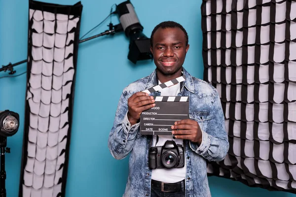 African American Producer Clapperboard Standing Studio Having Professional Production Equipment — Stockfoto