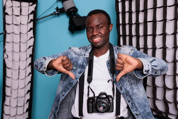 African American Studio Producer Showing Thumbs Hands Symbol While Having — Stockfoto