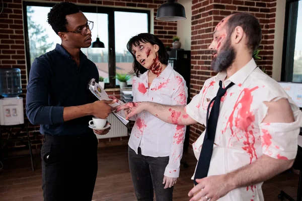 Businessman Talking Evil Killer Zombies Startup Office Chatting Brain Eating — Fotografia de Stock