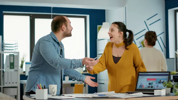 Smiling Colleagues Startup Office Doing High Five Hand Gesture Celebrating — Stockfoto